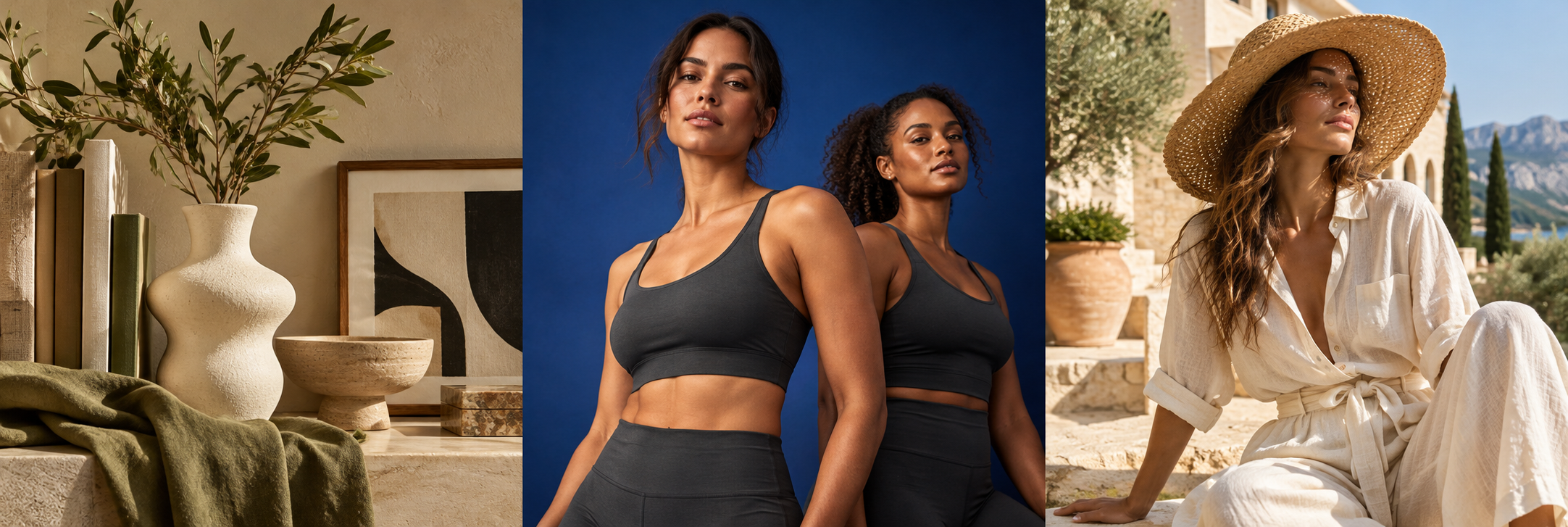 Illustrative objects, activewear, and resort-fashion campaigns